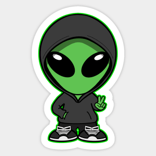 Hooded Space Alien Peace Hand Sign Green Sticker